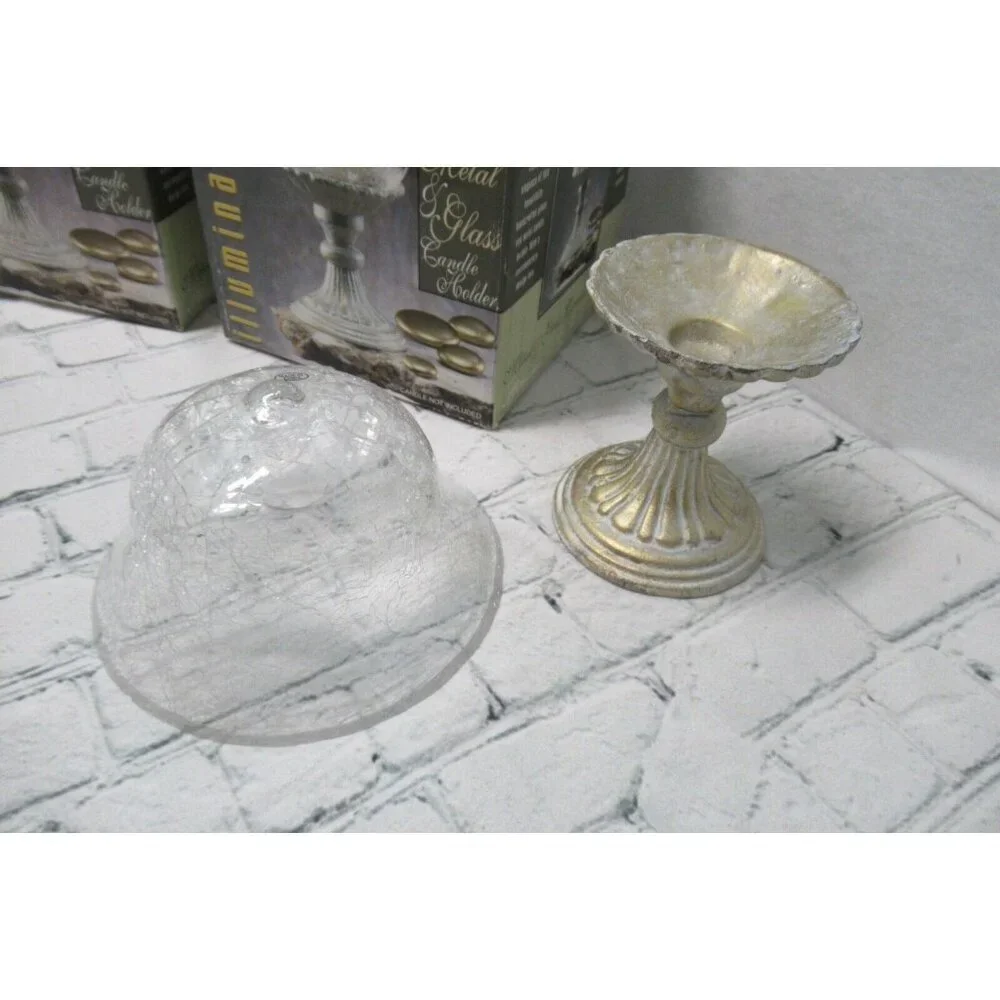 Illuminations Antique White Metal & Glass Candle Holders Set of 3 NOS Alco